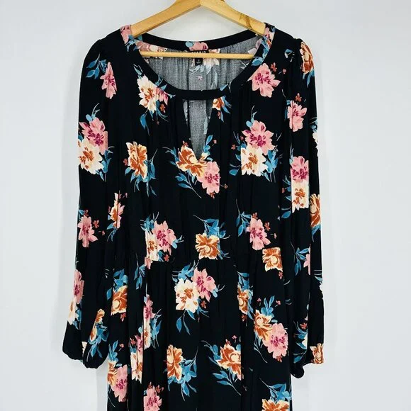 Torrid Black Multi Floral Mini Stretch Challis Tie Waist Pocket Dress Plus 1X - Picture 6 of 12